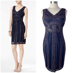 ADRIANNA PAPELL Navy Beaded Sequin Party Dress size 8P